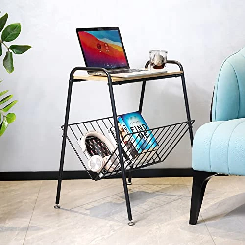 AMOBRO Side Table Modern End Table with Magazine Holder Wood & Metal