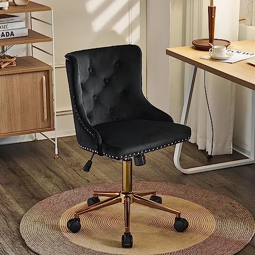 VINGLI Black Velvet Armless Office Chair Gold Base/Wheels Small Cute Vanity New