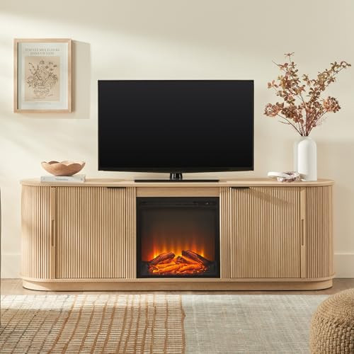 WALKER EDISON CHLOE REEDED TV STAND WITH FIREPLACE 75" 70" WECHL22704CO1 - Oak New