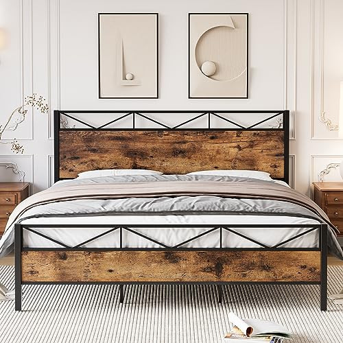 GAOMON QUEEN BED METAL PLATFORM BED FRAME VINTAGE WOOD PHO-OYJGKVRX - BROWN