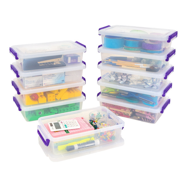 IRIS 2.7 QT STORAGE BIN WITH SECURE BUCKLE-UP LID, STACKABLE,10PK - CLEAR/PURPLE