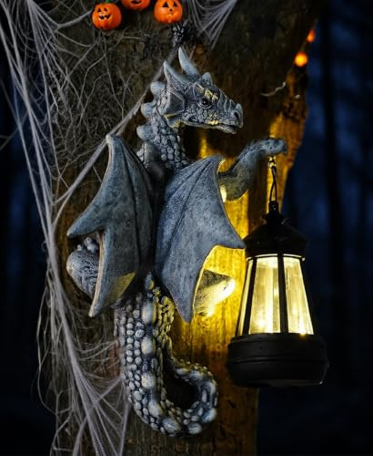 GOODECO DRAGON TREE HUGGER SOLAR LANTERN GARDEN STATUE 9.3" - GRAY