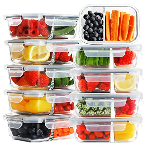 Bayco 10 Pack Glass Meal Prep Containers 2 Compartment, B09S9X3H84 - Grey New