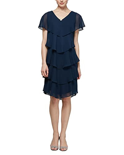 S.L. Fashions Women's Short Sleeve Tiered Chiffon Cocktail Dress Periwinkle 12P New