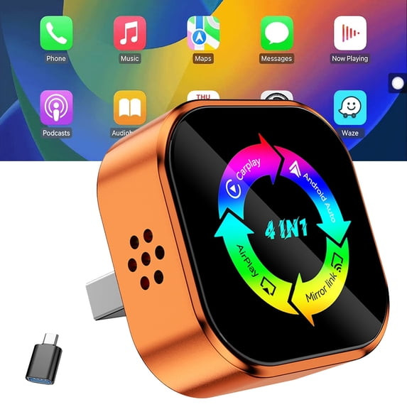 4-IN-1 WIRELESS CARPLAY MIRROR LINK AIRPLAY ANDROID AUTO ADAPTER - ORANGE