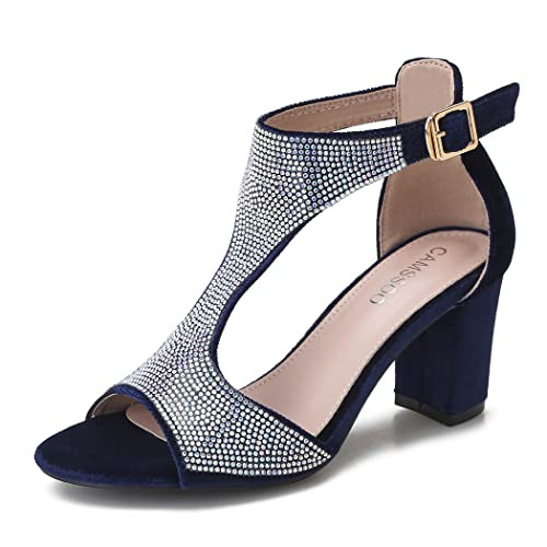 CAMSSOO Women's T-Strap Rhinestones Heeled Sandals, Blue Velvet, Size 42 New