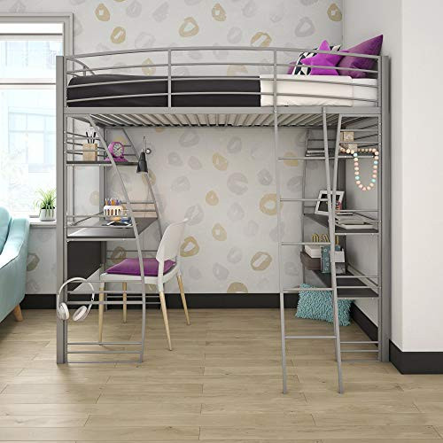 DHP Studio Loft Bunk Bed Over Desk and Bookcase with Metal Frame New