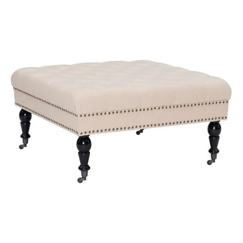 Linon Isabelle Square Upholstered Ottoman Black Legs Natural Beige Fabric New