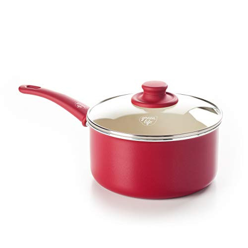 GreenLife Soft Grip Healthy Ceramic Nonstick Saucepan with Lid, 3QT, Red New