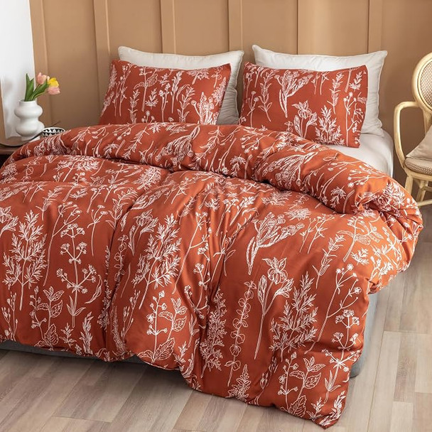 JANZAA KING SIZE COMFORTER SET - PEONY FLORAL SHABBY CHIC BEDDING - TERRACOTTA New