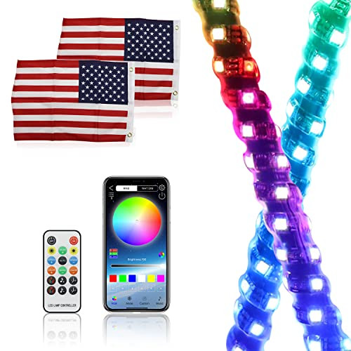 2PCS 2FT Spiral LED Whip Lights LED Safety Whips Bluetooth APP Control -2PCS