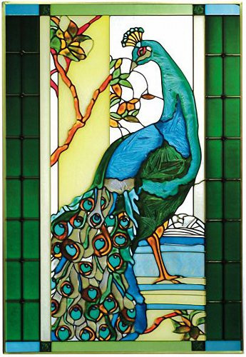 Birds ~ Peacock 14" Wide x 20.5" High Hand Painted Art Glass Panel