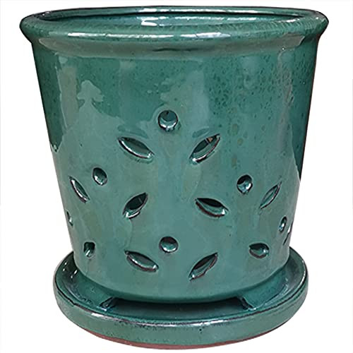 7" Large Round Orchid Pot Forest Green Ceramic pots Orchids Drainage B094FKDC4R New