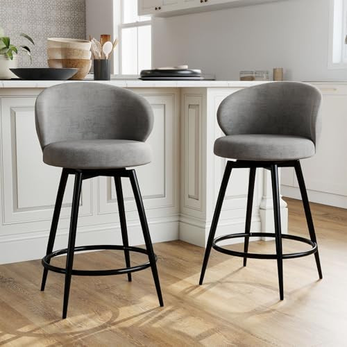 MASLIER BAR STOOLS SET OF 2, 360° SWIVEL BREATHABLE FABRIC - GRAY