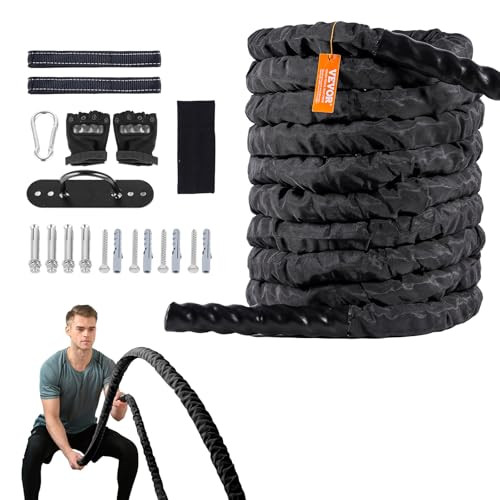 VEVOR BATTLE ROPE, 1.5" DIAMETER 30FT POLYESTER EXERCISE ROPE - BLACK
