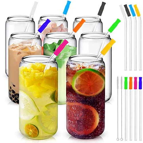 Drinking Glasses Glass Straw 8Pcs Set 16oz Clear Can Shaped Glass - Clear New