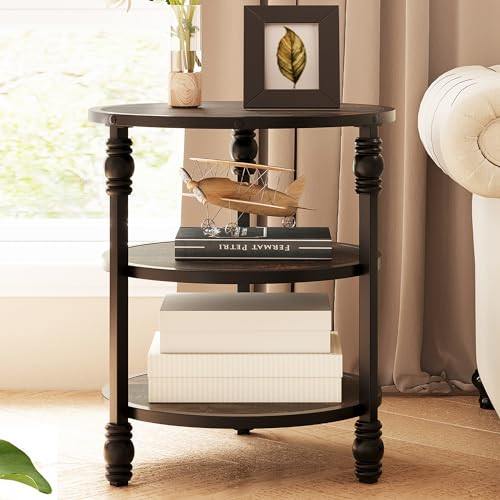 IDEALHOUSE Round End Table, Small Side Table with 3 Shelves for Living Room New