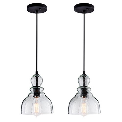 LANROS Farmhouse Kitchen Pendant Lighting Handblown Clear Seeded Glass 2 Pack New