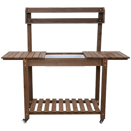 Sunnydaze Wheeled Garden Potting Bench with Sink - Brown