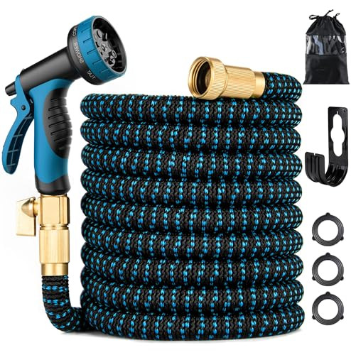 TYRELLSO 100FT EXPANDABLE GARDEN HOSE KINK FREE FLEXIBLE WATER HOSE BLACK BLUE