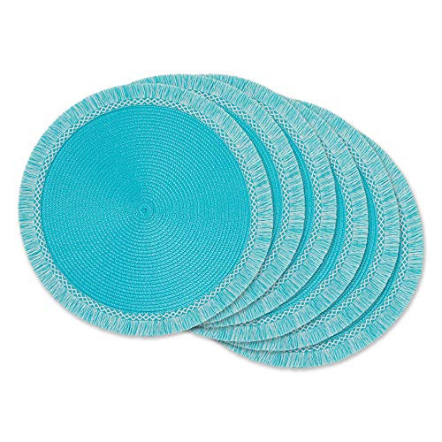 DII Woven Placemat Collection Round, 14.75" Diameter, Aqua Fringe, 6 Pieces New