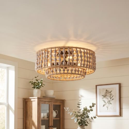 PARROT UNCLE 16 INCH BOHEMIA FLUSH MOUNT CEILING LIGHTS WOOD BEADED CHANDELIER