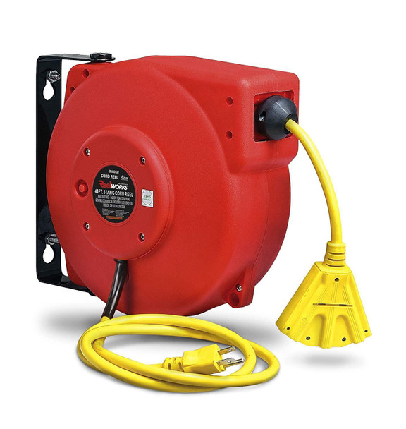 ReelWorks Mountable Retractable Extension Cord Reel - 14AWG x 40' Ft, 3 Grounded