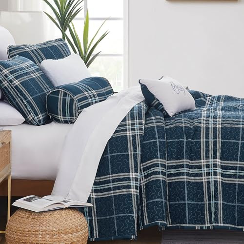 SOUTHSHORE OVERSIZED 6 PIECE QUEEN SIZE DUVET SET SOFT VILANO PLAID BLUE New