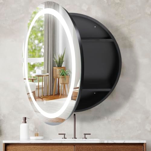 Movo 26" Round Black LED Lighted Medicine Cabinet with Mirror New
