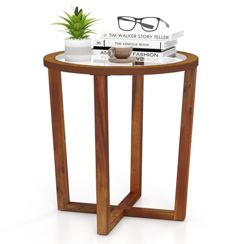 COSTWAY Round End Table Rustic Glass Top Nightstand Solid Acacia Wood Frame New