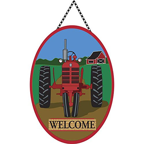 Welcome Red Tractor Barnyard on Burlap 18 x 13 Oval Chain Rope Door Banner New