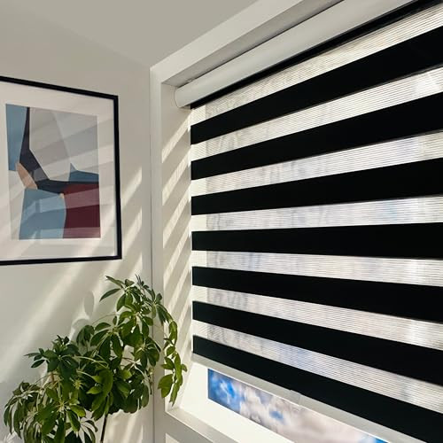 ShadesU Cordless Zebra Blinds Light Filtering Dual-Layer Window Shades - Black New