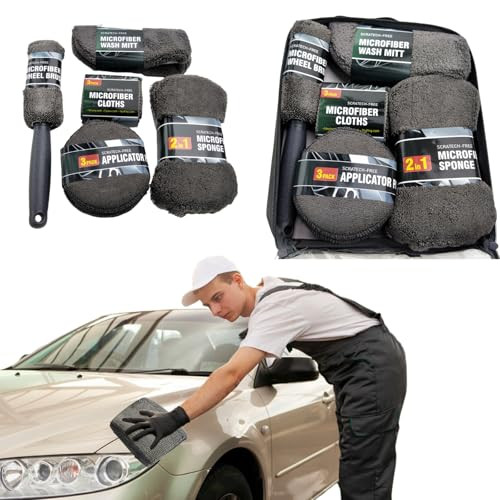 Car Wash Cleaning Kit, 9-Pieces, Tools (Car Towel Rag, Gloves, Etc) - Grey New