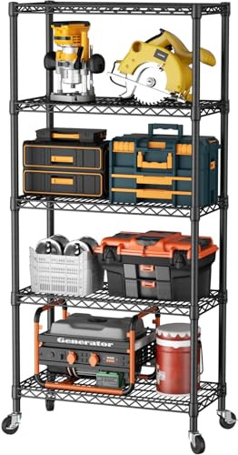 SINGAYE 5 Shelves Storage Wire Shelf Closet Metal Shelving Pantry Wheels - Black New