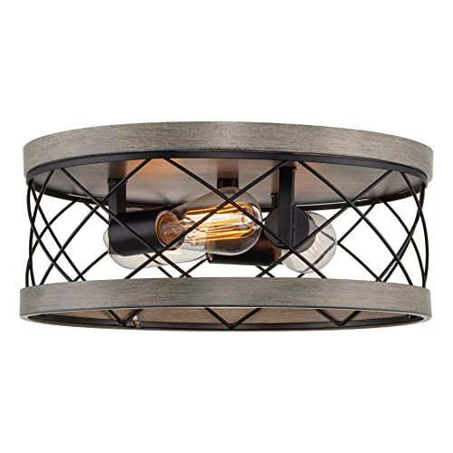 Kira Home Diem 15" 3-Light Rustic Farmhouse Flush Mount - Gray Oak Finish New