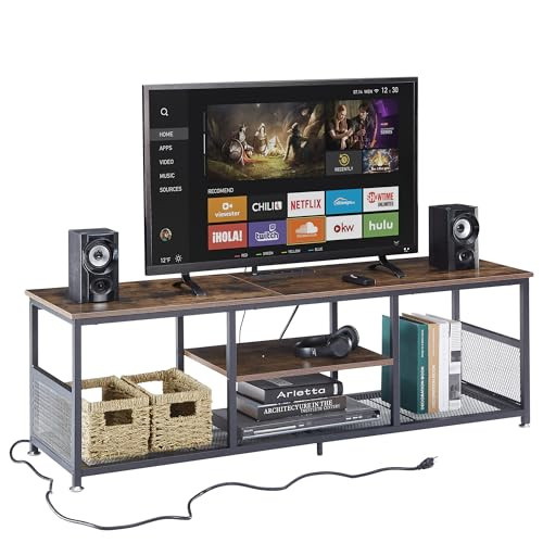 VECELO TV Stand Power Outlets Televisions 3-Tier Open Metal Frame - Brown