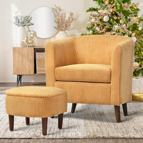 COLAMY Modern Accent Chair with Storage Ottoman, Corduroy, Barrel, Yellow New