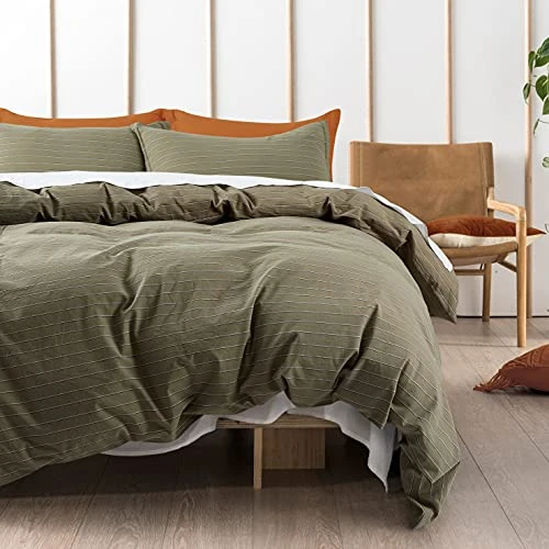 Get Bed Ready Striped Washed Cotton Chambray Geometric Stonewashed Copper Olive