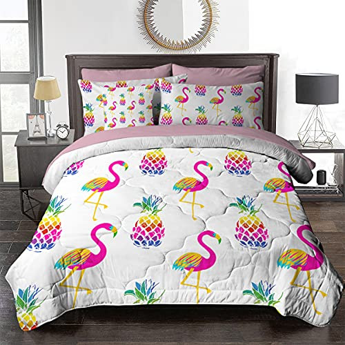 BlessLiving Girls Tropical Bed in A Bag Flamingo, Pineapples Bedding Sets Twin New