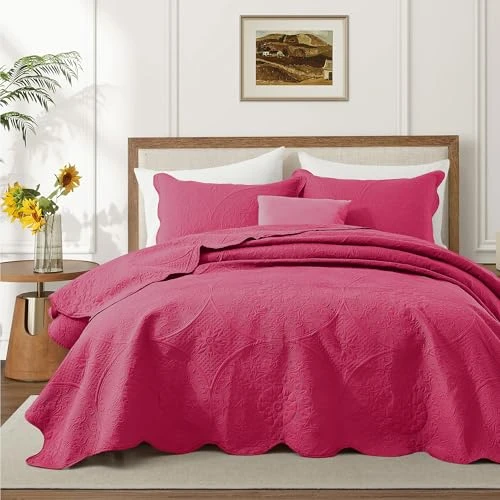 Quilts Queen Size Bedspread Coverlet Floral Quilt Set - Hot Pink, 90"x96" New