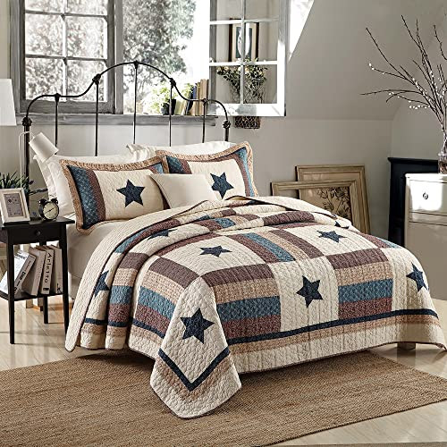 ELKANE Cotton King Bedding Quilt Sets - 3 Pieces Reversible (Star Plaid) New