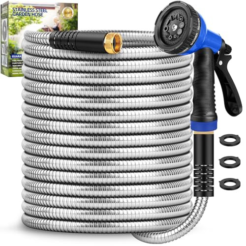 GAGALUGEC GARDEN HOSE 50FT STAINLESS STEEL METAL HOSE 10 FUNCTION NOZZLES BLUE