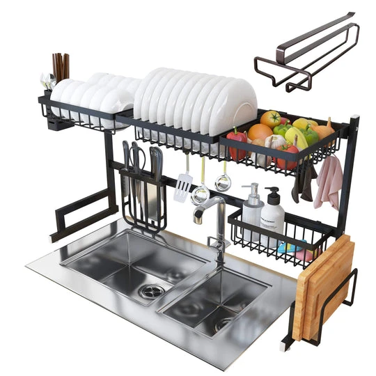 AURAMOR OVER SINK DISH DRYING RACK, 7 INTERCHANGEABLE RACKS AND CADDIES - BLACK