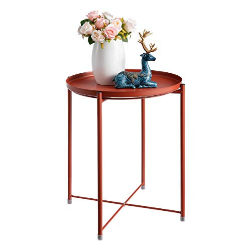 HollyHOME Tray Metal End Table, Sofa Table Small Round Side Tables - Brick Red New