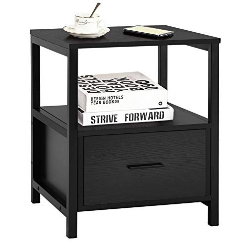 VECELO Nightstand with Drawer Open Shelf Modern Square End Side Table - Black New