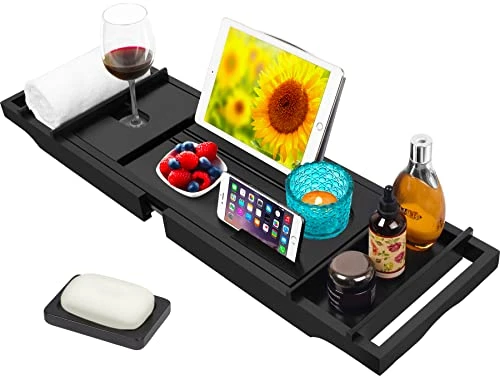 Bamboo Bathtub Caddy Tray (Non-Foldable, Black) New