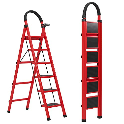 JOISCOPE 6 Step Ladder, Folding Step Stool 250 Lbs Capacity - Red New