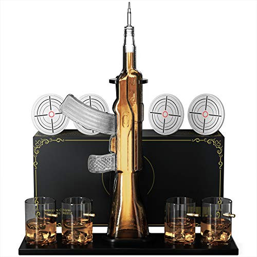 KROWN KITCHEN Gun Whiskey Decanter Set Glasses Coasters Wood Base B08HMS57XB New