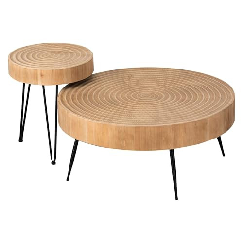 COZAYH 2 Piece Round Nesting Coffee Table Natural Wood Top, Black Legs New