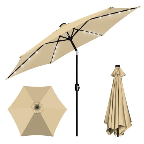 FRUITEAM Solar LED Outdoor Market Umbrella with LED Lights Tilt Crank - Beige New